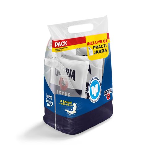 Leche GLORIA UHT Entera Bolsa 900ml Paquete 3un + Jarra
