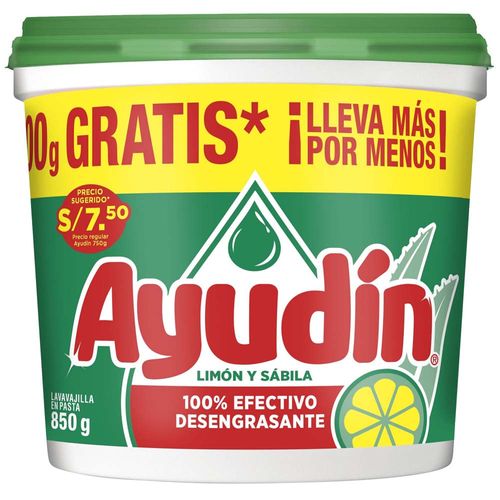 Lavavajilla en Pasta AYUDÍN Limón y Sábila Pote 750g + 100g