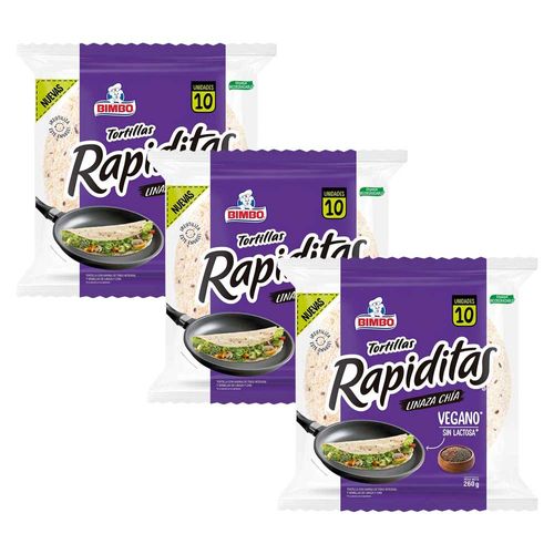 Pack Tortillas Rapiditas BIMBO de Linaza y Chia Bolsa 260g Paquete 3un