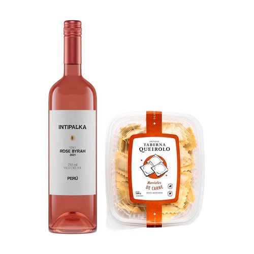 Pack Vino Rosé INTIPALKA Botella 750ml + Ravioles de Carne ANTIGUA TABERNA QUEIROLO Caja 500g
