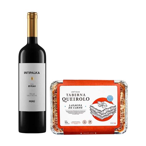 Pack Vino Tinto INTIPALKA Syrah Botella 750ml + Lasagna de Carne ANTIGUA TABERNA QUEIROLO Caja 500g