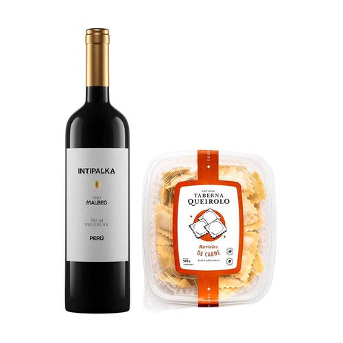 Pack Vino Tinto INTIPALKA Malbec Botella 750ml + Ravioles de Carne ANTIGUA TABERNA QUEIROLO Caja 500g