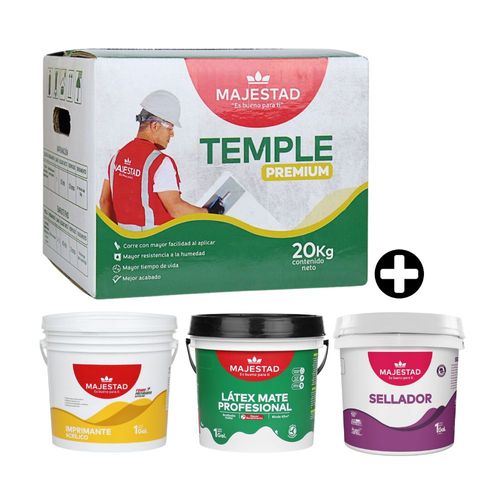 COMBO Majestad: Pintura Látex Mate Blanco 1 galón + Temple Premium Blanco Mate 20kg + Imprimante Acrílico Latex 1 galón + Sellador para muros 1 galón