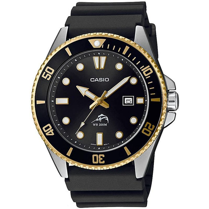Reloj-Casio-Duro-Marlin-MDV-106G-1AV-Fecha-Acuatico-Correa-De-Resina-Negro-Dorado