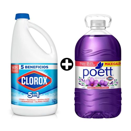 COMBO Lejía Clorox Tradicional 2 litros + Limpiador Poett Lavanda 4.5 litros