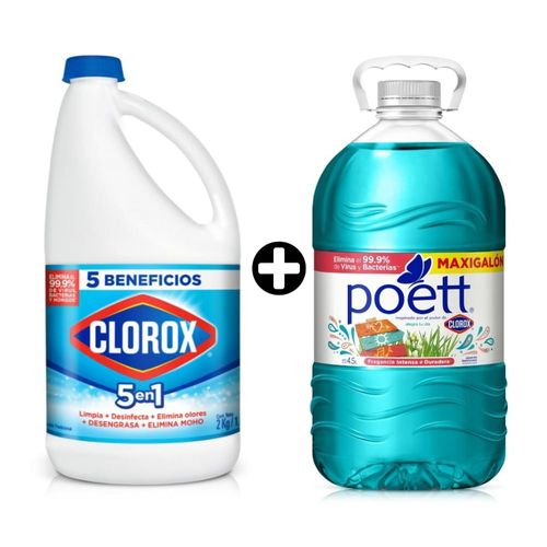 COMBO Lejía Clorox Tradicional 2 litros + Limpiador Poett Alegra tu día 4.5 litros