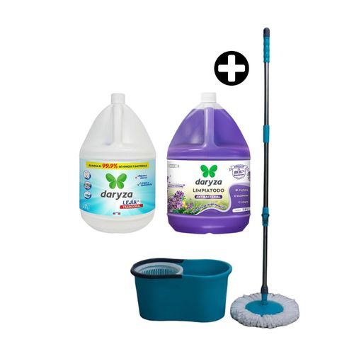COMBO Lejía tradicional Daryza 1 galón + Limpiatodo Antibacterial Daryza Lavanda 1gl + Balde escurridor automático + Mopa Orange