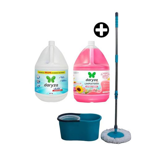 COMBO Lejía tradicional Daryza 1 galón + Limpiatodo Antibacterial Daryza Floral 1gl + Balde escurridor automático + Mopa Orange