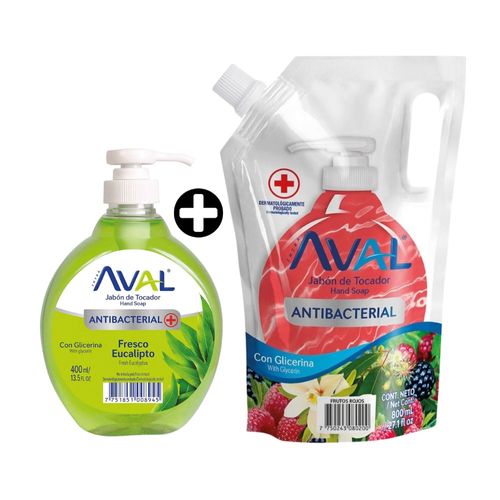 COMBO Aval: Jabón líquido antibacterial fresco Eucalipto 400ml + Jabón líquido antibacterial Frutos Rojos 800ml