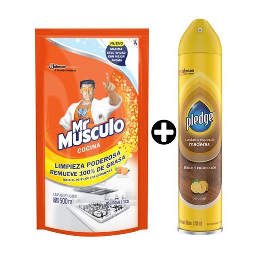 COMBO Limpiador Pledge Maderas Original 378ml + Saca grasa Naranja Doy Pack 500 ml Mr Musculo