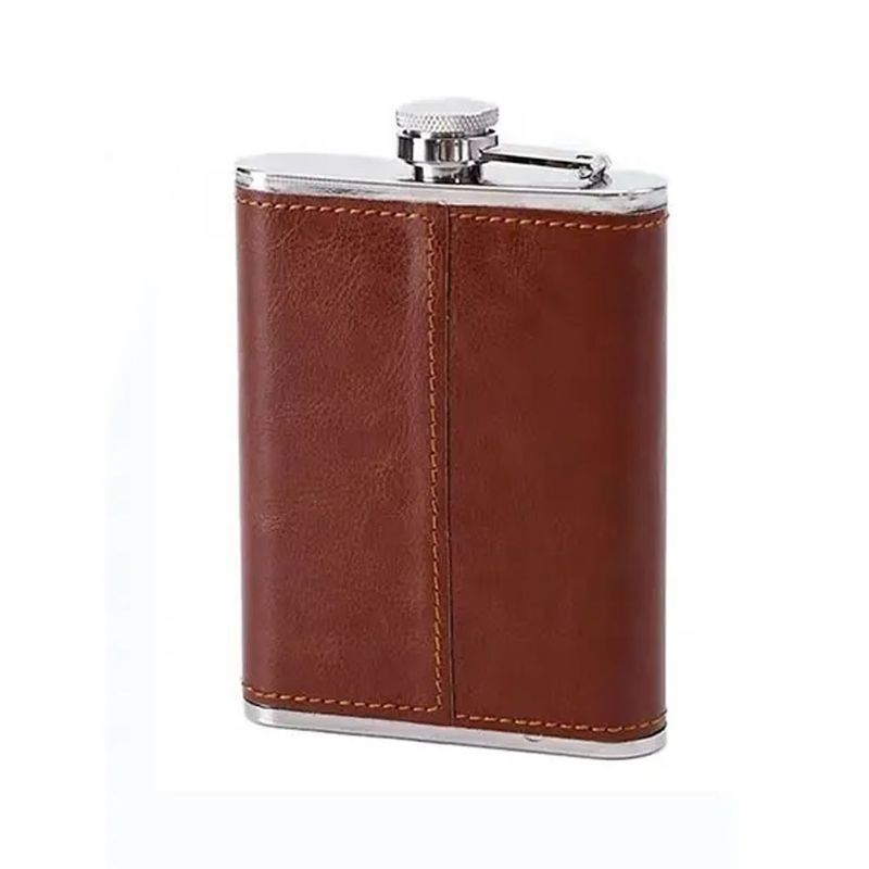 Licorera-Bolsillo-Wiskera-8-onzas-con-vaso-Acero-Inoxidable-marron