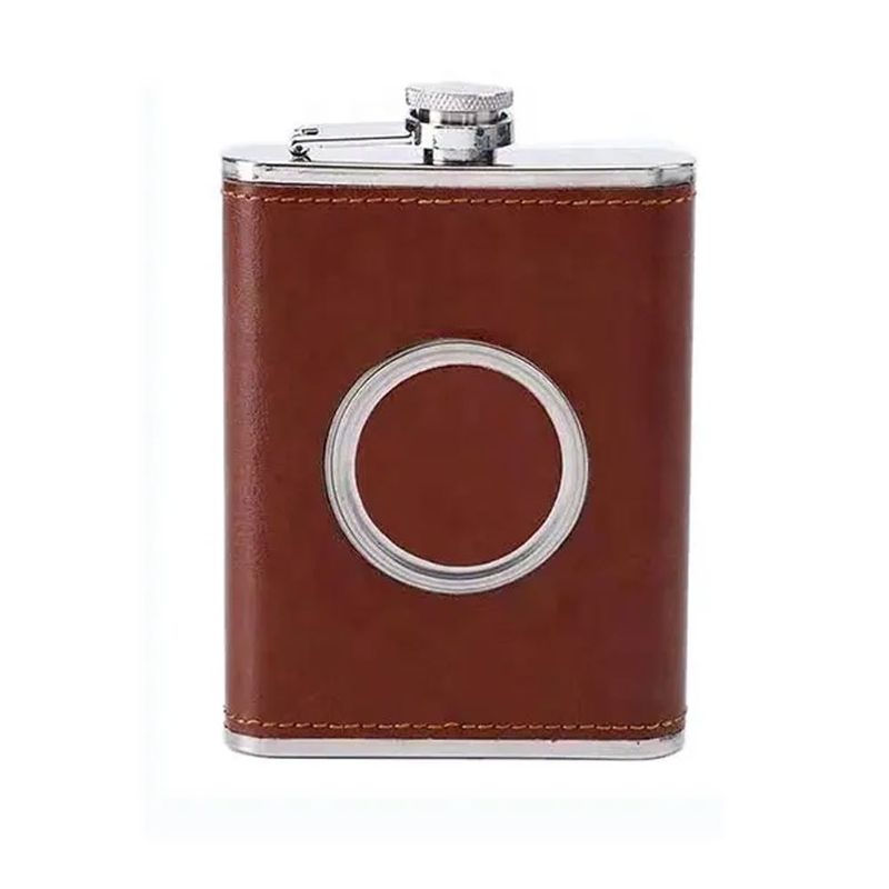 Licorera-Bolsillo-Wiskera-8-onzas-con-vaso-Acero-Inoxidable-marron