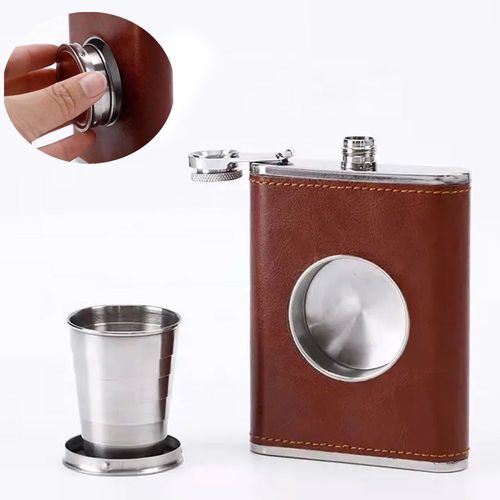 Licorera Bolsillo Wiskera 8 onzas con vaso Acero Inoxidable marron