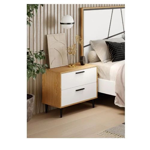 Velador Mesa de Noche Moderno Acuarius color Haya/Blanco 2 cajones TU MESITA