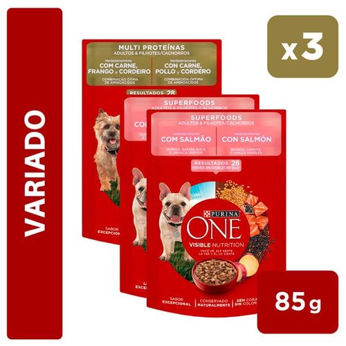 Pack Alimento Húmedo para Perros PURINA One Adulto y Cachorro Sabor Carne, Pollo y Cordero de 85gr + Alimento Sabor Salmón de 85gr x2un