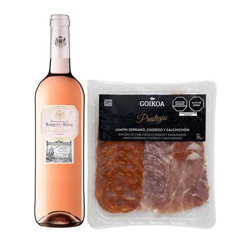 Pack Vino Rosé MARQUÉS DE RISCAL Rosado Botella 750ml + Jamón Serrano + Chorizo Extra + Salchichón Extra GOIKOA Paquete 120g
