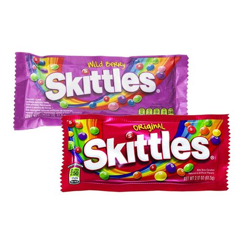 Pack Caramelos SKITTLES ORIGINAL Duro Sabores Surtidos Bolsa 2.17Oz + Caramelos SKITTLES WILD BERRY Sabor de frutas Bolsa 2.17Oz