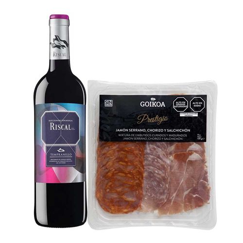 Pack Vino Tinto MARQUÉS DE RISCAL Tempranillo Botella 750ml + Jamón Serrano + Chorizo Extra + Salchichón Extra GOIKOA Paquete 120g