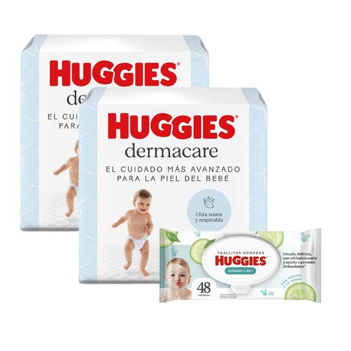 Pack Pañal HUGGIES Dermacare Talla XG Paquete 38un x 2un + Toallitas Húmedas para Bebé HUGGIES One & Done Paquete 48un