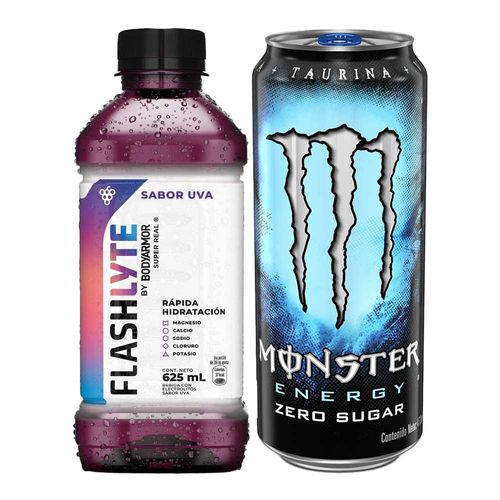 Pack Bebida Energizante MONSTER Zero Sugar Lata 473ml + Rehidratante FLASHLYTE Sabor a Uva Botella 625ml