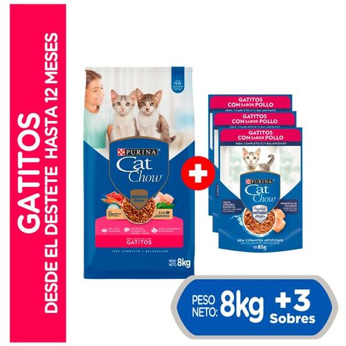 Pack Alimento Húmedo para Gatos CAT CHOW Adultos Pollo 85gr x3un + Alimento para Gatos CAT CHOW Gatitos en Bolsa de 1kg