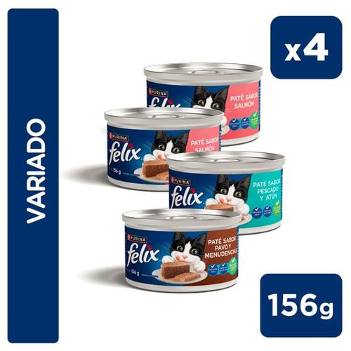 Pack Alimento Húmedo para Gatos FELIX Paté Salmón 156gr x2un +  Paté Atún y Pescado 156gr + Alimento Húmedo Original Pavo 156gr