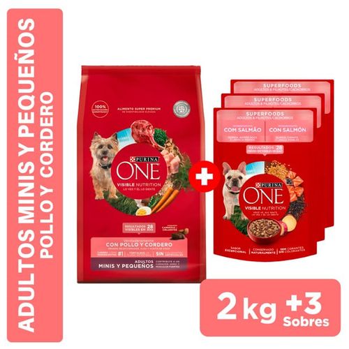 Pack Alimento PURINA One Adultos y Pequeños Sabor Pollo en Bolsa de 2kg + Alimento Húmedo Adulto y Cachorro Sabor Salmón de 85gr x3un