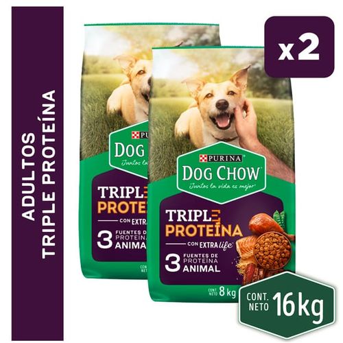 Pack x2 Comida para Perros DOG CHOW Adultos todos los tamaños Carne, Pollo y Pescado Bolsa 8kg