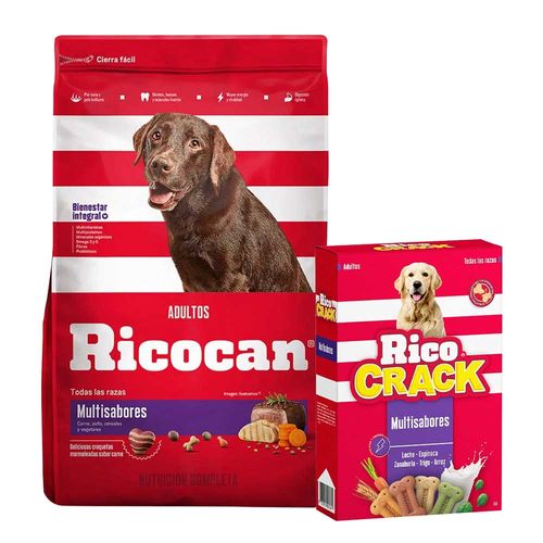 Pack RICOCAN Todas las razas multisabores 15kg + RICOCRACK galleta multisabores adultos 500gr