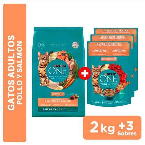 Pack Alimento PURINA Esterilizado Sabor Salmón 2kg + Gatos Adulto y Esterilizado Supernutrientes de 85g x3un