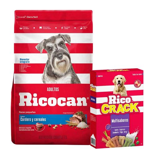 Pack RICOCAN Razas pequeñas sabor cordero y cereales +  RICOCRACK galleta multisabores adultos 500g