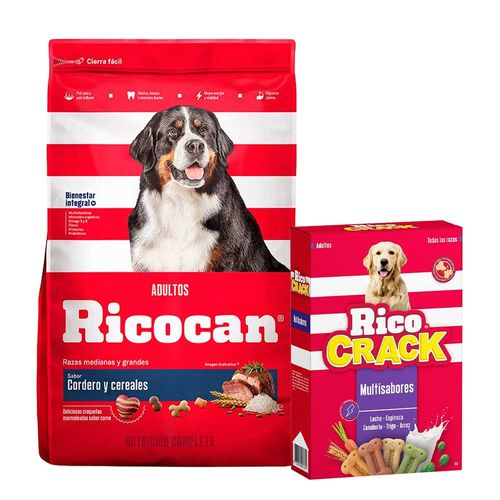 Pack RICOCAN Razas medianas y grandes sabor cordero 15kg + RICOCRACK galleta multisabores adultos 500g