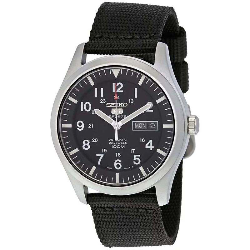 Reloj-Seiko-5-Sports-SNZG15-Automatico-Fecha-Acero-Inoxidable-Mate-Correa-de-Nailon-Negro