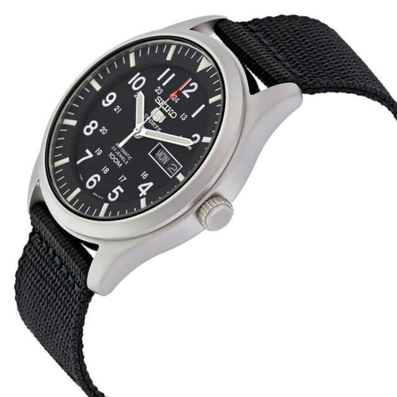 Reloj-Seiko-5-Sports-SNZG15-Automatico-Fecha-Acero-Inoxidable-Mate-Correa-de-Nailon-Negro