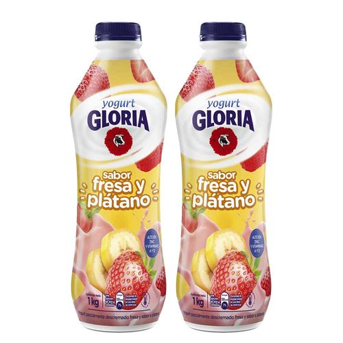 Pack Yogurt GLORIA Parcialmente Descremado Sabor a Fresa y Plátano Botella 1Kg x 2un