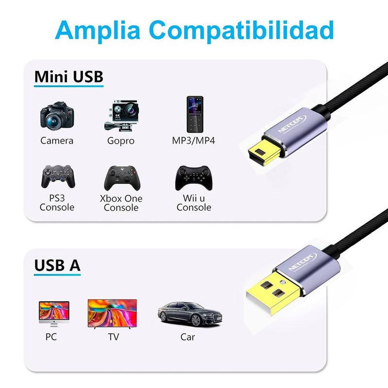 Cable-USB-20-a-Mini-USB-V3-5-pines-18-Metros-NETCOM-480Mbps-nylon