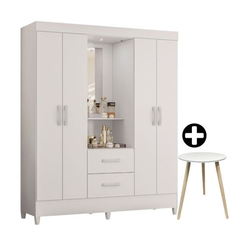 COMBO Ropero Mobi Tocador con Luz 4 Puertas 2 Cajones Blanco Albatroz + Mesa Auxiliar Redonda MDF Neón Orange