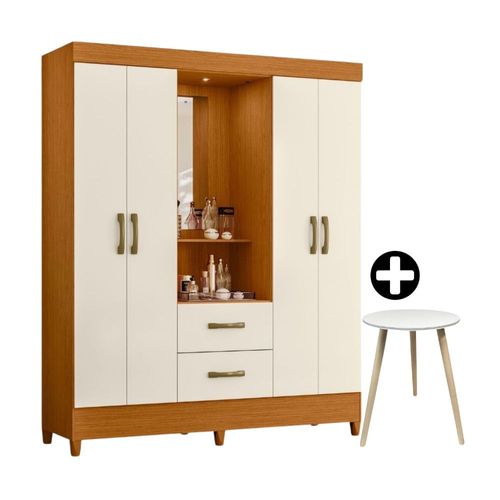 COMBO Ropero Mobi Tocador con Luz 4 Puertas 2 Cajones Beige Albatroz + Mesa Auxiliar Redonda MDF Neón Orange