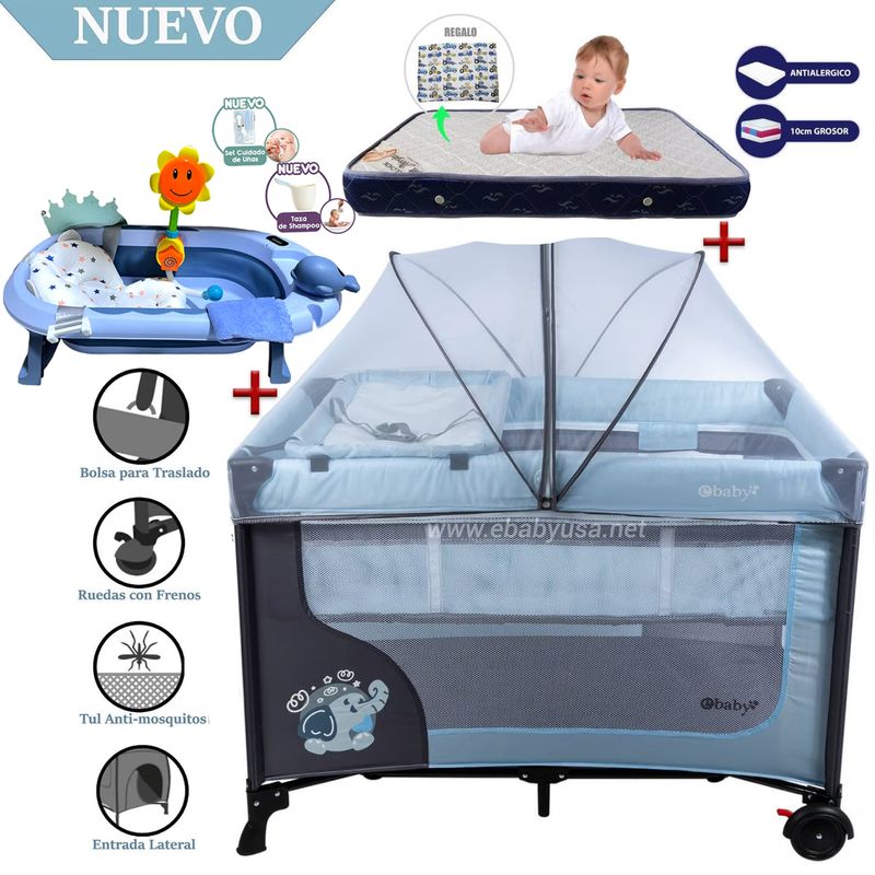 Cuna-Corral-Ebaby-Happy-Dream-Celeste-Colchon-y-Bañera