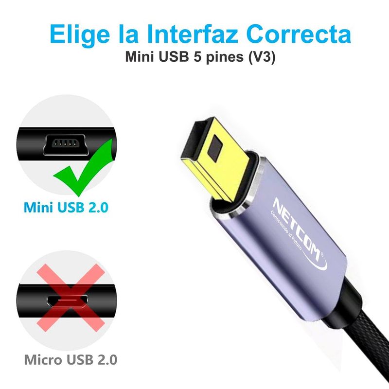 Cable-USB-20-a-Mini-USB-V3-5-pines-18-Metros-NETCOM-480Mbps-nylon