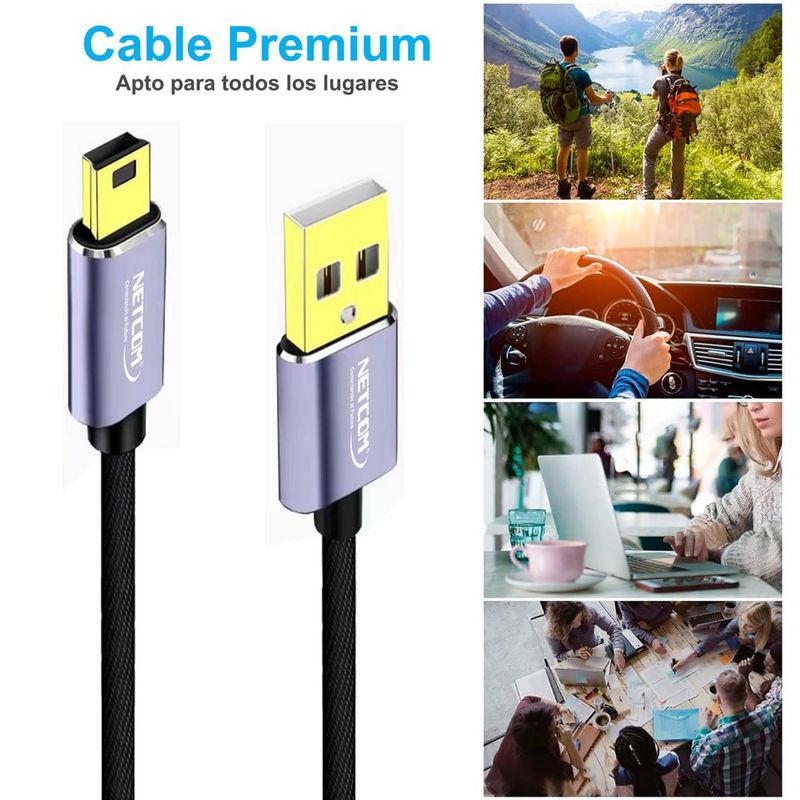 Cable-USB-20-a-Mini-USB-V3-5-pines-18-Metros-NETCOM-480Mbps-nylon
