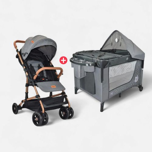 Combo Coche Para Bebé Circus Manija Reversible + Cuna Corral Colecho Circus Gris
