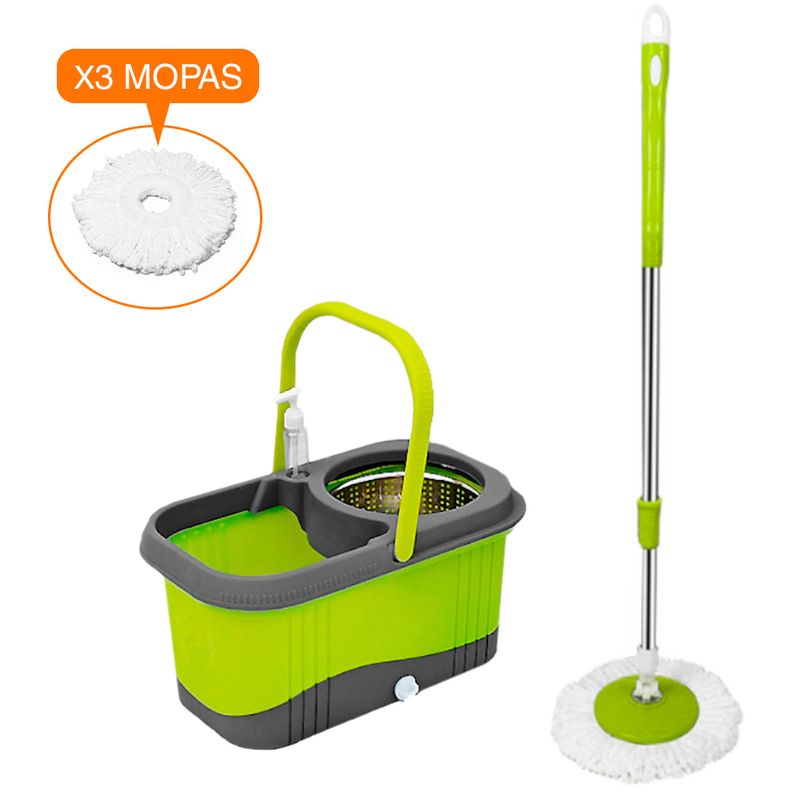 Balde-Escurridor-Automatico-Trapeador-3-Mopas-Dispensador-Verde