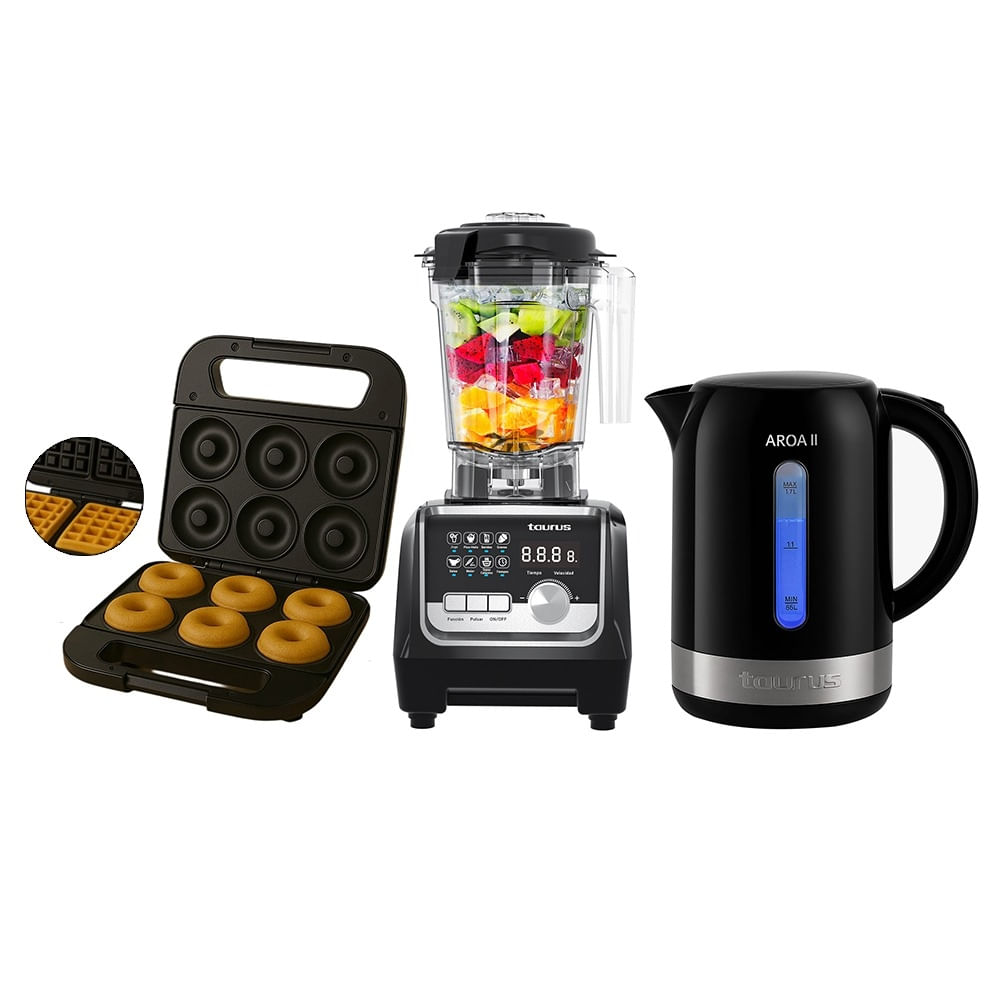 Combo Taurus: Licuadora Elite Professional + Maquina Donas y Wafles + Hervidora Aroa II