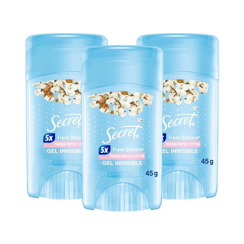 Pack Desodorante para mujer SECRET Antitranspirante en Gel Invisible Powder Protect Cotton 45g x 3un