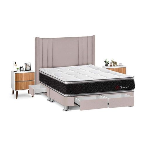 Juego de Dormitorio Forli Golden 4 Cajones King Beige + Velador Milan