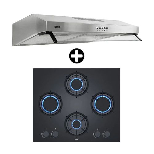 COMBO Sole: Cocina Encimera 60cm Rubí 4 Hornillas Vidrio Templado + Campana Extractora Convencional 60cm Nueva Roma 1 Motor Acero Inoxidable