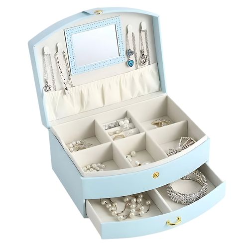 Joyero De 2 Niveles Con Espejo Modelo M8 Celeste