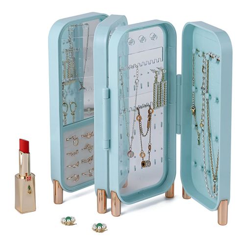Joyero De 4 Capas Plegable Con Espejo Celeste