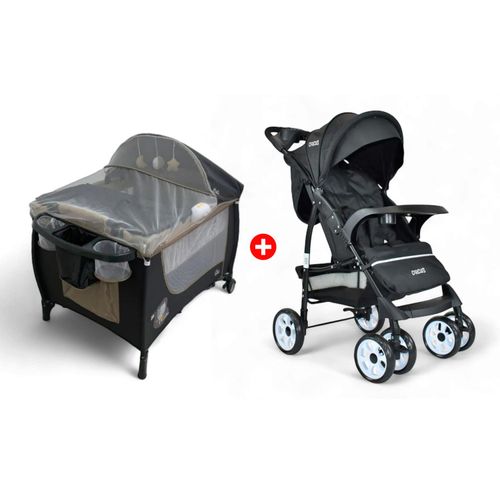 Combo Coche Multiposiciones Para Bebé Circus Negro + Cuna Corral Beige